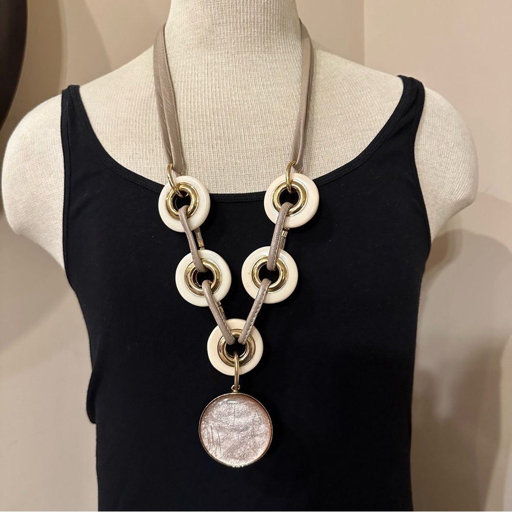 Chico’s Statement Necklace- gold tone w/ faux leather & big acrylic discs